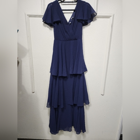 Lulus Sincerely Exquisite Navy Blue Short Sleeve Tiered Maxi Dress S Wedding - Picture 6 of 9